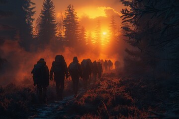 Fototapeta premium Group of hikers with backpacks trekking through misty forest trail at sunrise with orange glow and silhouetted trees creating dramatic scenery hiking