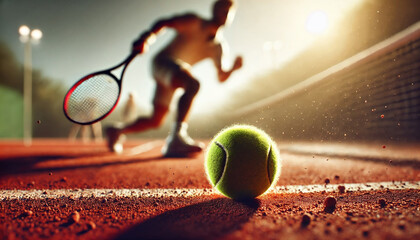 Tennis player on a clay court during a match, close-up of the ball