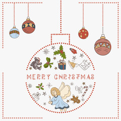 Christmas colored contour illustration in the style of childrens doodles Christmas design elements in a Christmas ball an angel with candles