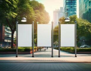 hanging posters by the road in the city blank vertical advertising banners on street lampposts against lush green trees and plants for ooh out of home template mock up generative ai
