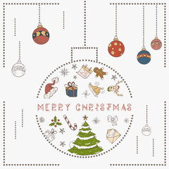 Christmas colored contour illustration in the style of childrens doodles Christmas design elements in a Christmas ball festive fir tree