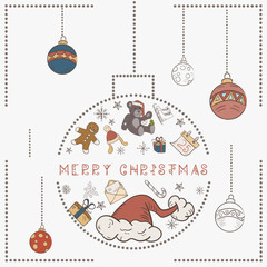 Christmas colored contour illustration in the style of childrens doodles Christmas design elements in a Christmas ball Santa Claus Hat