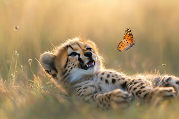 Obraz premium A smiling cheetah cub lying in tall grass, playfully swatting at a butterfly
