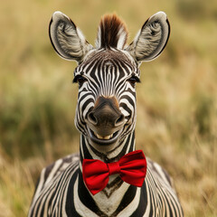 Naklejka premium A smiling zebra wearing a bowtie in a grassy field.
