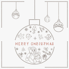 Christmas contour illustration in the style of childrens doodles Christmas design elements in a Christmas ball a bear toy
