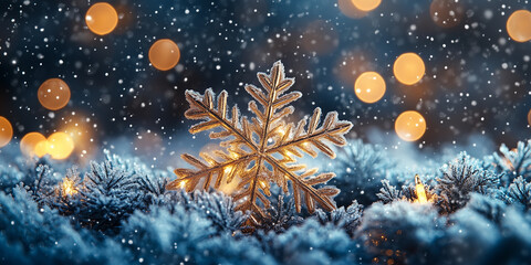 Fototapeta premium Snowflake macro, snow bokeh background. Merry Christmas and Happy Holidays greeting card, frame, banner. New Year. Winter xmas festive celebration theme. 