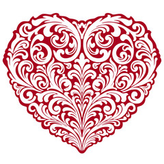 Elegant heart-shaped illustration. intricate baroque motifs in red and white. Symmetrical design, sophistication and romance,  for decorative and artistic application, textile, sticker, valentine