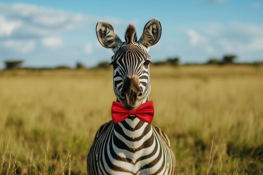A smiling zebra wearing a bowtie in a grassy field.