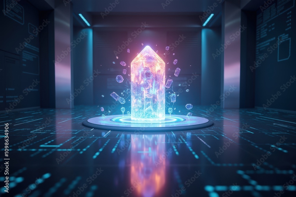 Poster futuristic crystal in a tech lab setting surrounded by bright particles and abstract light effects, 