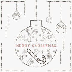 Christmas contour illustration in the style of childrens doodles Christmas design elements in a Christmas ball a large candy