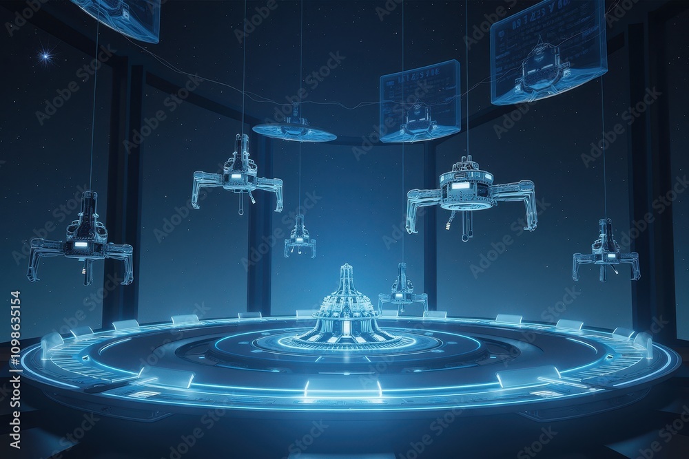 Poster futuristic factory with advanced robots and gravity manipulation technology in a high-tech environme