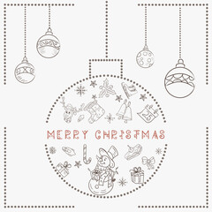 Christmas contour illustration in the style of childrens doodles Christmas design elements in a Christmas ball a snowman holding a gift