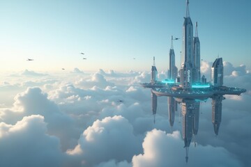 Fototapeta premium Futuristic Floating City Above Clouds with Modern Architecture, Advanced Technology, and Reflective Surfaces, Showcasing Innovation and Urban Design in a Dreamlike Setting