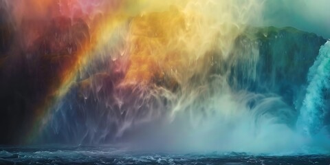 Naklejka premium View of Skogafoss Waterfall with the rainbow in winter time, Iceland.