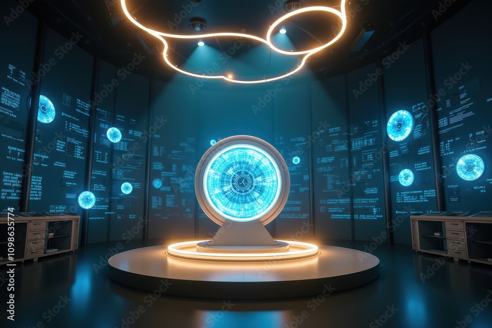 Poster futuristic research room with interactive globe displaying data, illuminated by soft blue lights in 