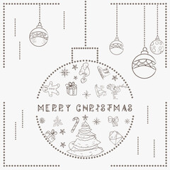 Christmas contour illustration in the style of childrens doodles Christmas design elements in a Christmas ball festive fir tree