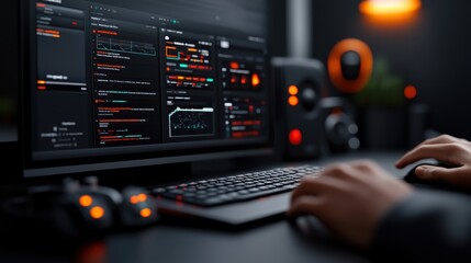 Sleek Desktop Setup with Computer Screen Displaying Data Analytics and User Engaged with Keyboard