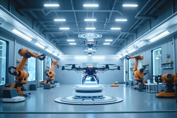 Fototapeta premium High-Tech Assembly Line Featuring Drones and Robotic Arms in a Futuristic Manufacturing Facility, Illustrating Modern Automation and Precision Engineering Techniques