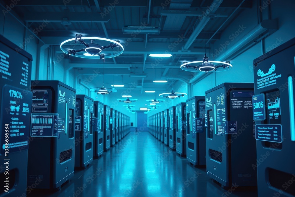 Poster high-tech production facility with digital metrics displaying time monitoring and automation trends 