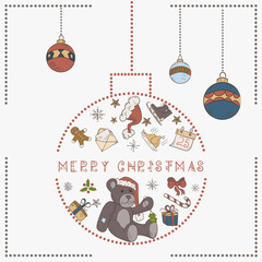 Christmas colored contour illustration in the style of childrens doodles Christmas design elements in a Christmas ball a bear toy