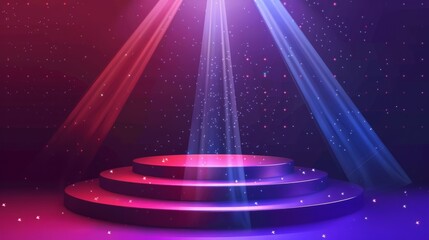 Obraz premium A dynamic stage illuminated by colorful spotlights and sparkling stars, perfect for showcasing performances and events.