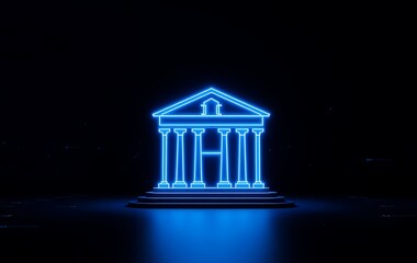 Fototapeta premium Blue neon glowing outline of a bank building on a dark abstract background, concept of finance and technology. 3D Rendering