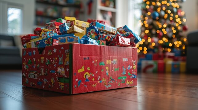 A large red box overflowing with wrapped Christmas gifts sits on a hardwood floor near a decorated Christmas tree.