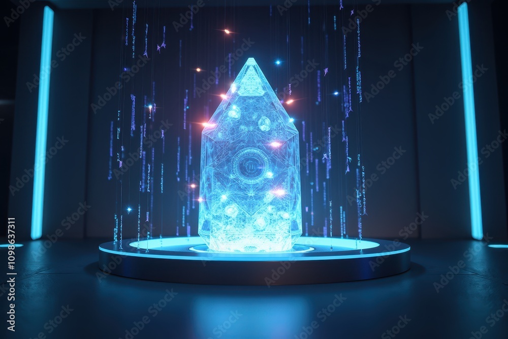 Poster stunning abstract visualization of a crystal structure in a futuristic laboratory setting with glowi