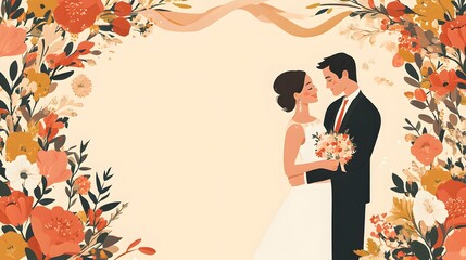 Romantic wedding couple embracing, floral frame.