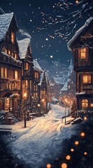 Fototapeta premium Charming snowy village street at night, adorned with festive lights and cozy wooden houses, creating a magical winter atmosphere.