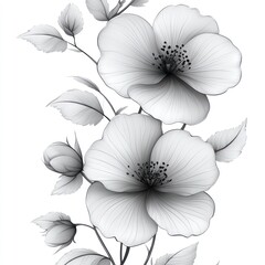 A monochromatic illustration of flowers and buds with delicate detailing.