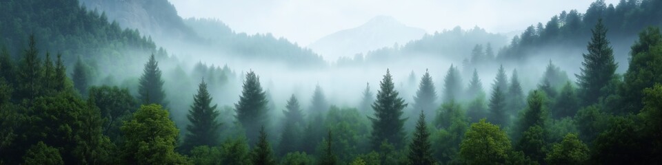 Fototapeta premium A forest with trees and a misty sky. The trees are green and the sky is cloudy