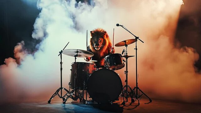 Lion Playing Drums on Stage with Dramatic Lighting