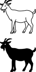 Fototapeta premium Goat Icons. Black and White Vector Illustration. Horned Ruminant Animal with Long Straight Hair, Hooves, and Horns. Agriculture, Farming. For Coloring Book Design. Domestic Animals Concept