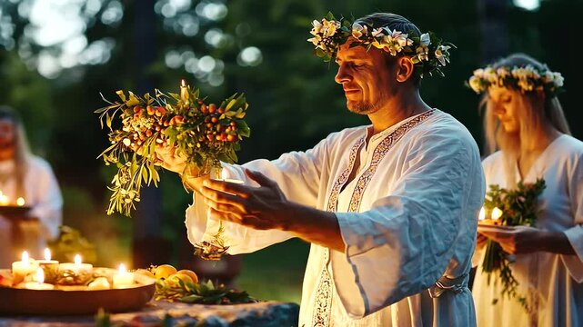 Slavic Pagan Ritual in Ancient Forest Clearing at Night