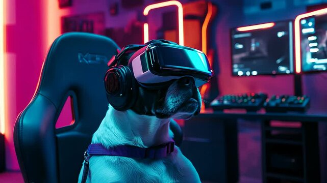 Dog Wearing VR Headset Gaming in Neon Lit Room