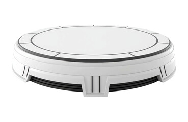 Futuristic white platform with a sleek circular design featuring black accents and geometric details, ideal for technology or sci-fi themed projects. Isolated on transparent background, png.