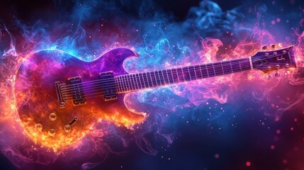 Naklejka premium Electric guitar engulfed in vibrant flames of blue and orange. A fiery image representing passion and energy in music.