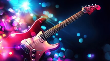Obraz premium Red electric guitar in a vibrant, colorful light show. Ready to rock!
