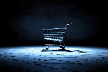 Shopping cart stands alone on a dimly lit surface creating a mysterious atmosphere at night