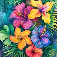 Bright and colorful hibiscus flowers surrounded by lush green jungle leaves, showcasing vibrant tropical beauty.