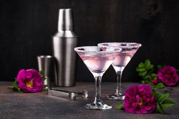 Pink martini cocktail with rose syrup