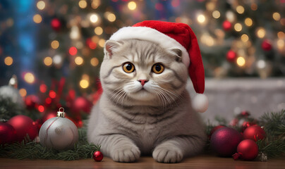 Obraz premium A kitty in a Santa hat with brightly colored Christmas tree lights.