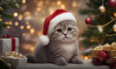 Obraz premium A cat with bright eyes in a Santa hat by the garlands.