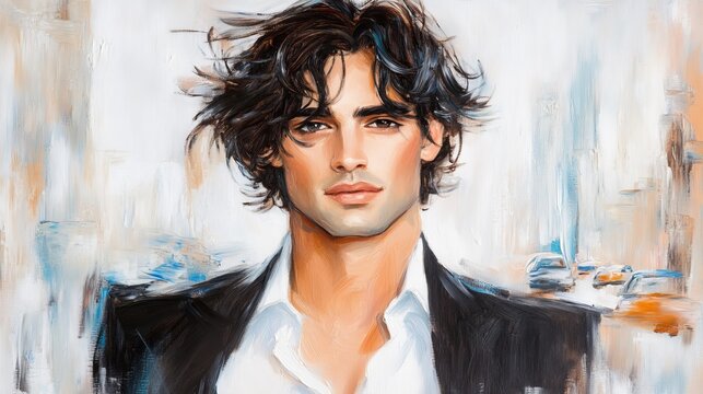  a painting of a man in a suit and tie, with a blurred background The man is identified as Ian Somerhalder, and the painting is a high-definition wallpaper