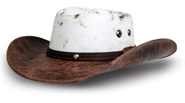  a white and brown cowboy hat on a white background The hat has a classic western style with a wide brim and a black band around the crown The brim is slightly upt