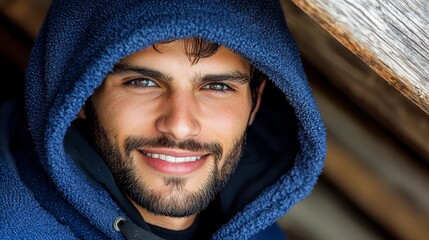 Fototapeta premium a man with a beard wearing a blue hoodie, smiling at the camera with a blurred background