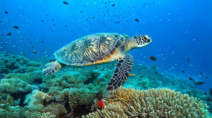 Obraz premium A green sea turtle swimming gracefully in clear, turquoise water, surrounded by colorful coral and small fish.
