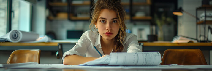 Female architect drawing blueprints in office, designer drafting construction plans.