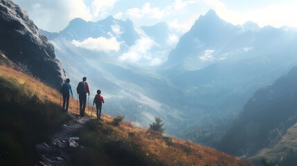 Obraz premium Hikers on mountain trail with scenic valley view.